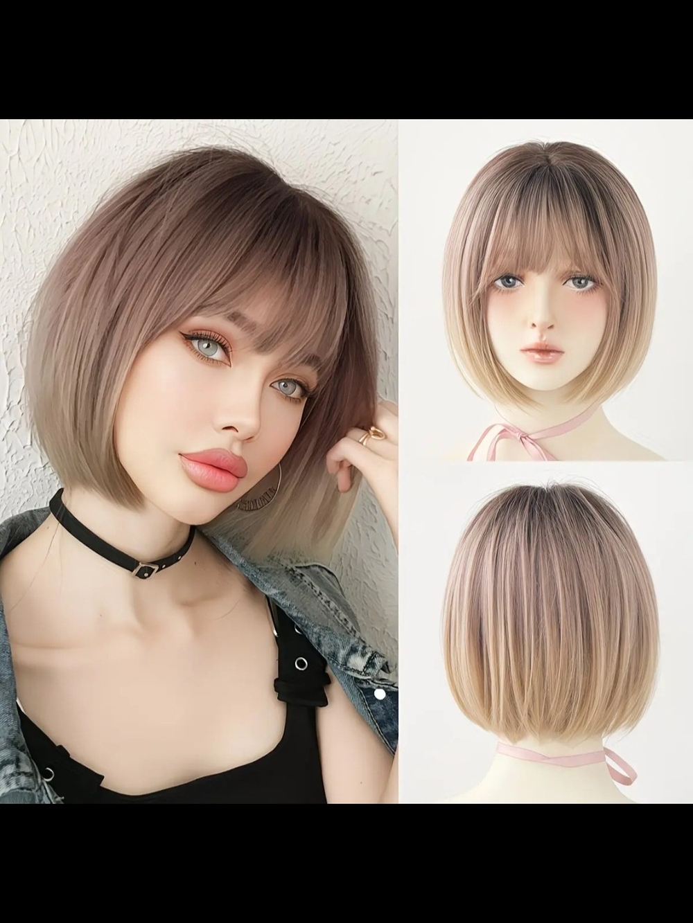Chic Short Bob Wig with Blunt Bangs - Taupe Ombre